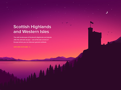Scotland (Illustration) castle dark forest illustration landscape moon mountain night stars vector water
