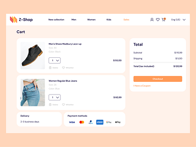 Z-Shop - Cart amazon branding cart concept design e commerce ecommerce graphic design illustration inspiration orange products sale ui ux