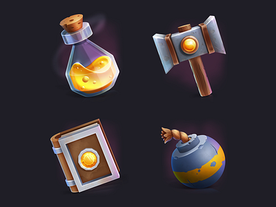 Casual game's icon set ancient bomb book bottle design game game art games glass hammer icon set iron items liquid potion tools wood yellow