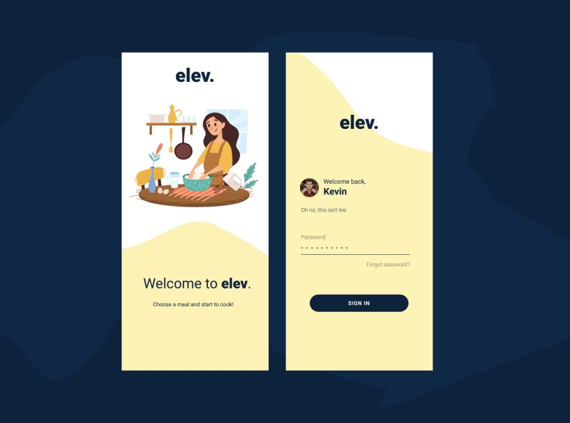 elev. Food App - Splash screen and login flat illustration ui ux