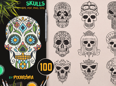 100 Decorative Skulls bundle character dayofthedead death decorative design halloween illustration illustrator mexican set skull sugar skull sugarskull vector