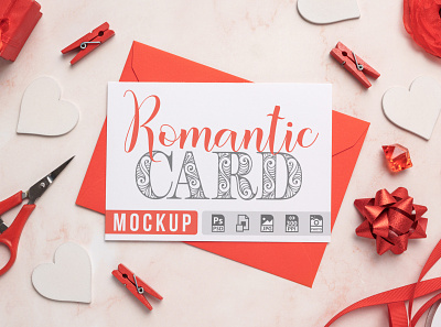 Romantic Card with Envelope Mockup card card mockup feminine greeting card greeting card mockup invitation invitation mockup jpg mockup photorealistic presentation psd romantic romantic mockup smart object stationery template valentine valentines wedding