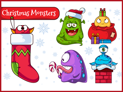 Christmas Vector Monsters cartoon christmas christmas monster cute funny illustration monster monsters santa hat santa sack vector xmas