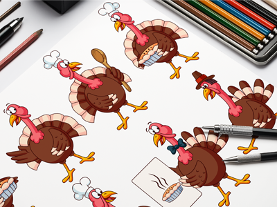 Thanksgiving Cartoon Vector Turkeys Set bird cartoon character collection cook illustration mascot pie set thanksgiving turkey vector