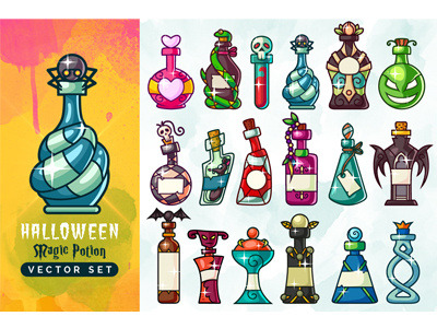 Halloween Magic Potion Bottles Set antidote bottle elixir halloween love magic poison potion set skull vector venom