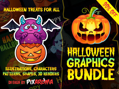 Halloween Graphics Bundle 90% discount (limited time offer) bundle character discount graphics halloween illustration limited offer pack pattern set vector