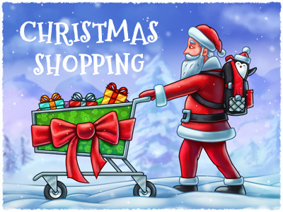 Santa Pushing A Shopping Cart - Digital Painting cart christmas claus digital illustration painting pushing santa shopping winter xmas