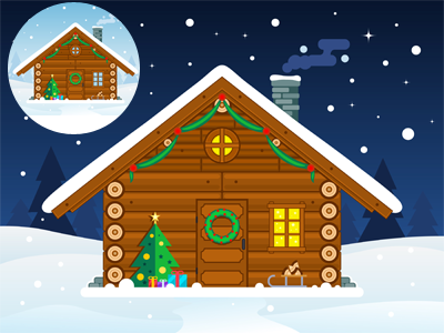 Flat Christmas Cabin Illustration cabin christmas cottage day flat illustration landscape night snow vector wooden xmas