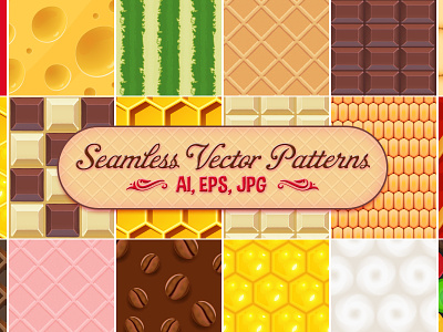 18 Food Seamless Vector Patterns - Delicious Set background delicious design food illustration pattern realistic seamless set texture vector wallpaper