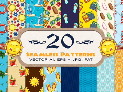 20 Summer Seamless Vector Patterns anchor flower illustration palm tree pattern seamless set slippers summer sun sun glasses vector