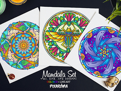 Vector Animals Mandala Set colorful coloring for adults coloring page design illustration mandala meditation pattern round set vector zen