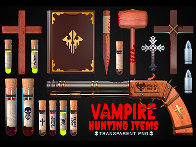 Vampire Hunting Items Collection 3d blood book bullet collection cross design hunting illustration pistol render vampire