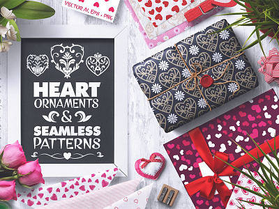 100 Heart Vector Ornaments and Seamless Patterns