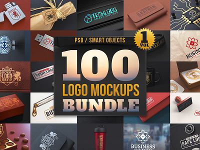 100 Premium Logo Mockups Bundle Vol.1 bundle deal logo logo design mockup mockups pack premium sign stamp zippo