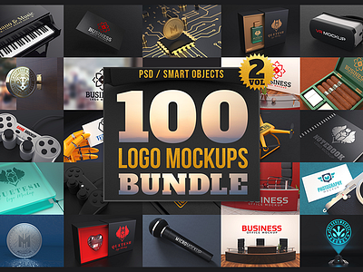 100 Logo Mockups Bundle Vol.2 bundle deal logo logo design mockup mockups pack perfume piano premium vr