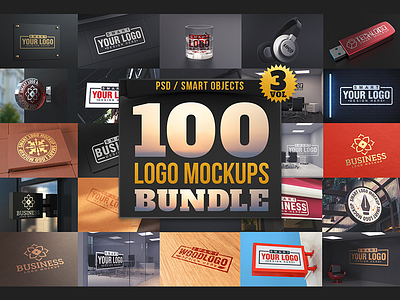 100 Logo Mockups Bundle Vol.3 bundle deal headset logo logo design mockup mockups pack premium sign usb