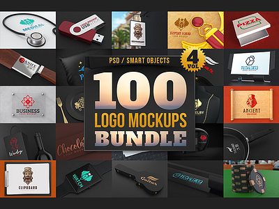 100 Logo Mockups Bundle Vol.4 bundle deal knife logo logo design mockup mockups pack pizza premium sign