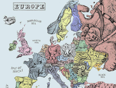 Illustrated map of Europe animal art artist book illustration cartography cartoon detailed digital art europe illustration illustration art map maps pen pen and ink pencil print uk world