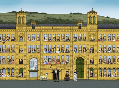 Salts Mill with Yorkshire characters architecture book book illustration building buildings cartoon city city illustration cityscape digital illustration illustration art landscape landscape illustration mill pen and ink saltaire yorkshire