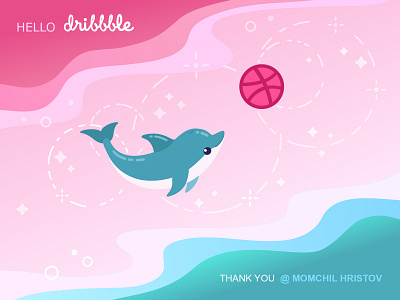 Hello Dribbble! art ball cute debut design dolphin first shot flat gradient graphic hello dribbble illustration illustrator kawaii logo playful sea smile vector