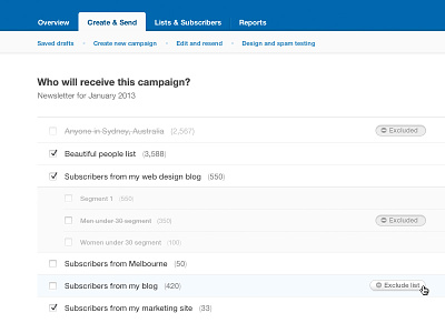 Exclude lists from campaigns campaign monitor exclude interface list ui