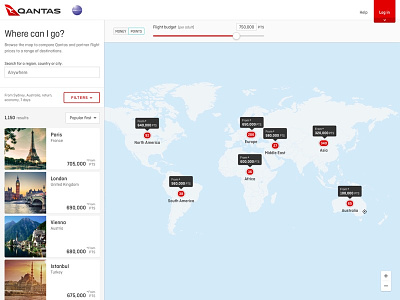 Qantas map-based flight search destination filters flight search lists map slider travel