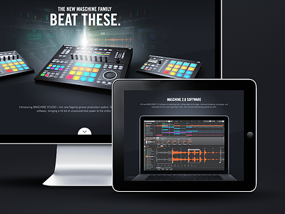 BEAT THESE. NATIVE INSTRUMENTS. MASCHINE. - All Devices black fullscreen landing page maschine minimal one pager production responsive scroll single page studio unusual navigation