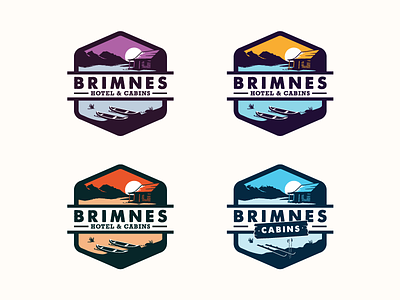 Brimnes Hotel & Cabins Logos adventure badge blue cabins camping hiking landscape logo mountain nature natureboy outdoors retro badge