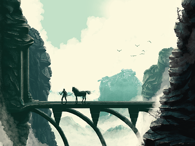 Colossus adventure atmosphere bridge colossus digital art gaming giant illustration landscape mountain playstation poster print shadow shadow of the colossus sony
