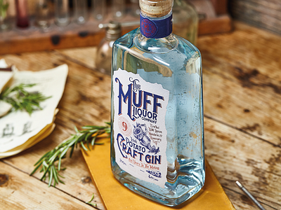 Muff Gin blue bottle branding farm foil fruit gin glass label logotype packaging photography typography yellow