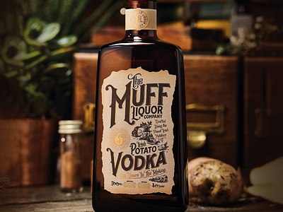 Muff Vodka black bottle branding brown farm foil glass gold label logotype packaging photography potato typography vodka