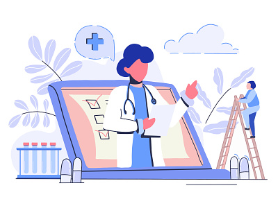 Concept in flat style.Online medical consultation with a doctor. concept people design website doctor flat flat design girl health treatment human humans internet clinic man medical concept medical consultation mini people people treatment via application
