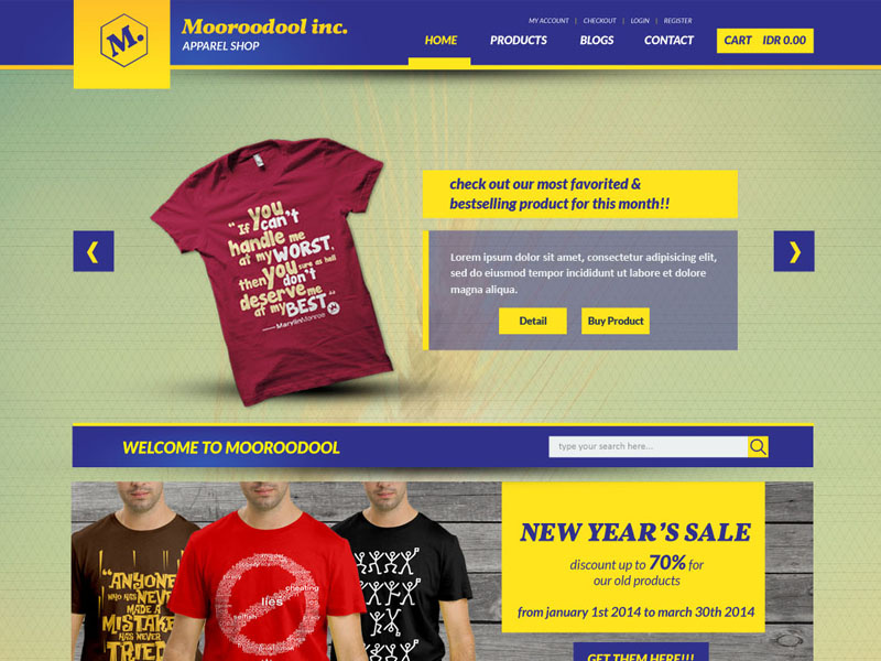 Mooroodool Inc Free E-Commerce PSD free freebies wesbite psd theme e-commerce online shop blue yellow product mock up ui