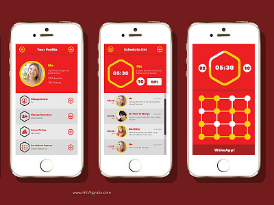 WakeApp! alarm app application design friends pattern red reminder swipe ui wake wakeapp