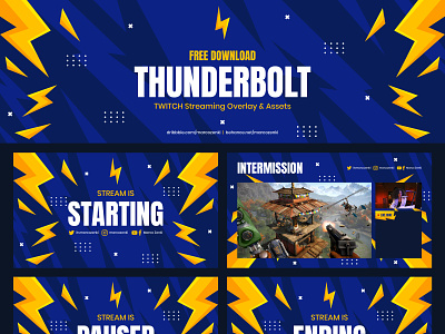 [FREE] ThunderBolt TWITCH Streaming Overlay and Assets blue free game streaming overlay template thunder twitch twitch overlay yellow