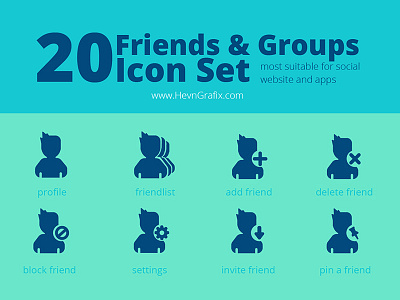 20 Friends & Groups Social Icon Set application design flat friend group icon pika set social team website