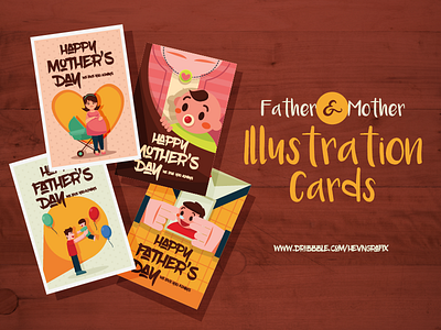 Mother & Father Illustration Cards baby cards children creativemarket cute father fun funny greeting card illustration mother template