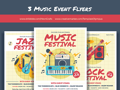 3 Music Event Flyers acoustic band concert event festival flyers guitar music performance piano promotion vector