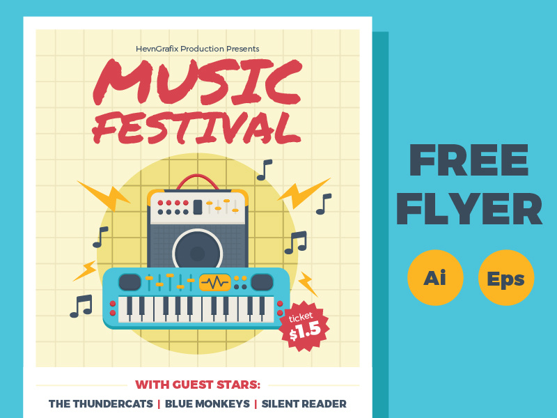 FREE Music Festival Flyer note keybiard amplifier guitar illustration template poster flyer festival music freebies free