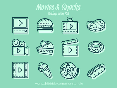 Movies & Snacks Icons Set burger cake food footage icon illustration line movies outline snacks ui video