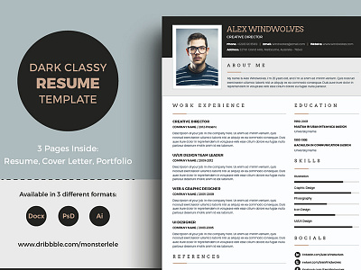 Dark Classy Resume/CV Template classy cover letter cv dark elegant finance marketing multipurpose portfolio resume template word