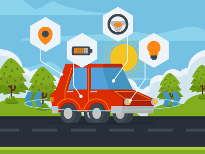 Autonomous Car Illustration automotive autonomous car icon illustration landscape road street tree vector