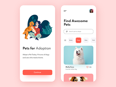 Pets Adoption - Mobile App adoption animals app application dog e-commerce illustration minimal mobile app design mobile ui pet adoption pets ui user interface