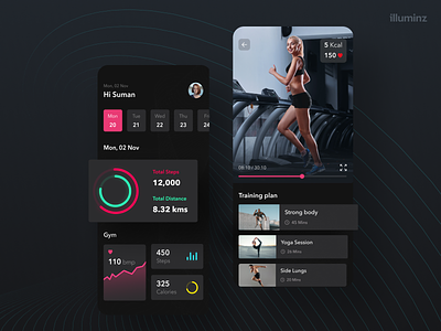 Fitness App Design Concept activity activity tracker dark mode fitness app graphs gymnastics health live video mobile ui running ui workout workout app