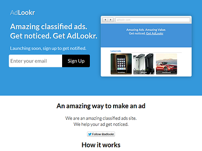 AdLookr - Site Preview Landing Page adlookr apply beta box shadow drop shadow landing page layout preview register signin signup twitter