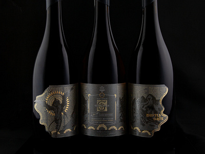 Devils Gate wrap-around label black black paper branding design devil foil foil stamp gold illustration label metallic ink packaging red wine sea sea monster triton wine wine bottle wraparound