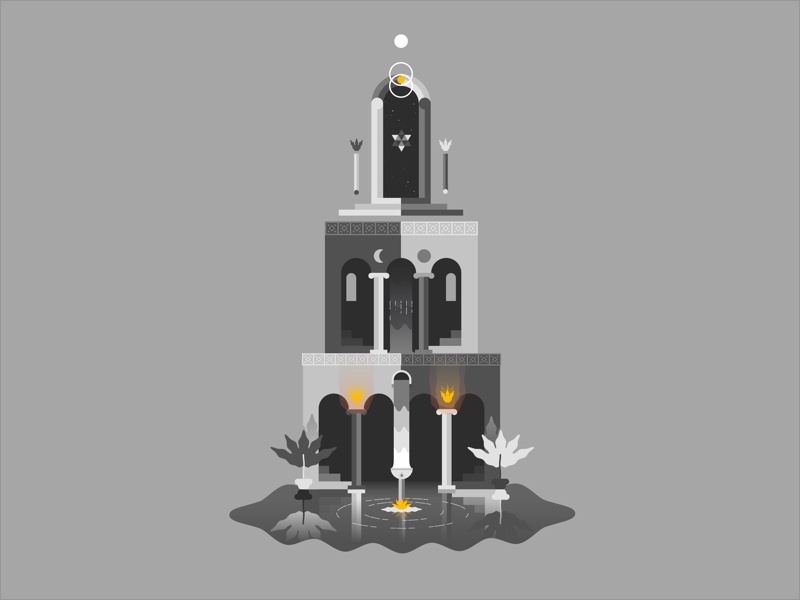 The Mirage Tower staircase moon sun game illustration door mirror water fire magic temple tower