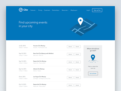 Clio Upcoming Events Page blue clean event grid layout list minimal ui upcoming ux web website