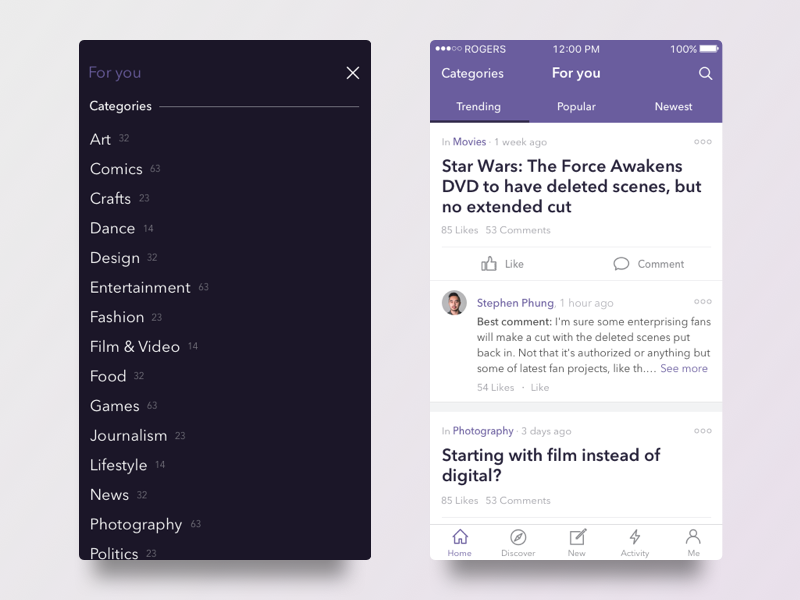 Discussion App Concept purple categories mobile interface ux ui topic discussion app ios
