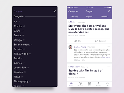 Discussion App Concept app categories discussion interface ios mobile purple topic ui ux
